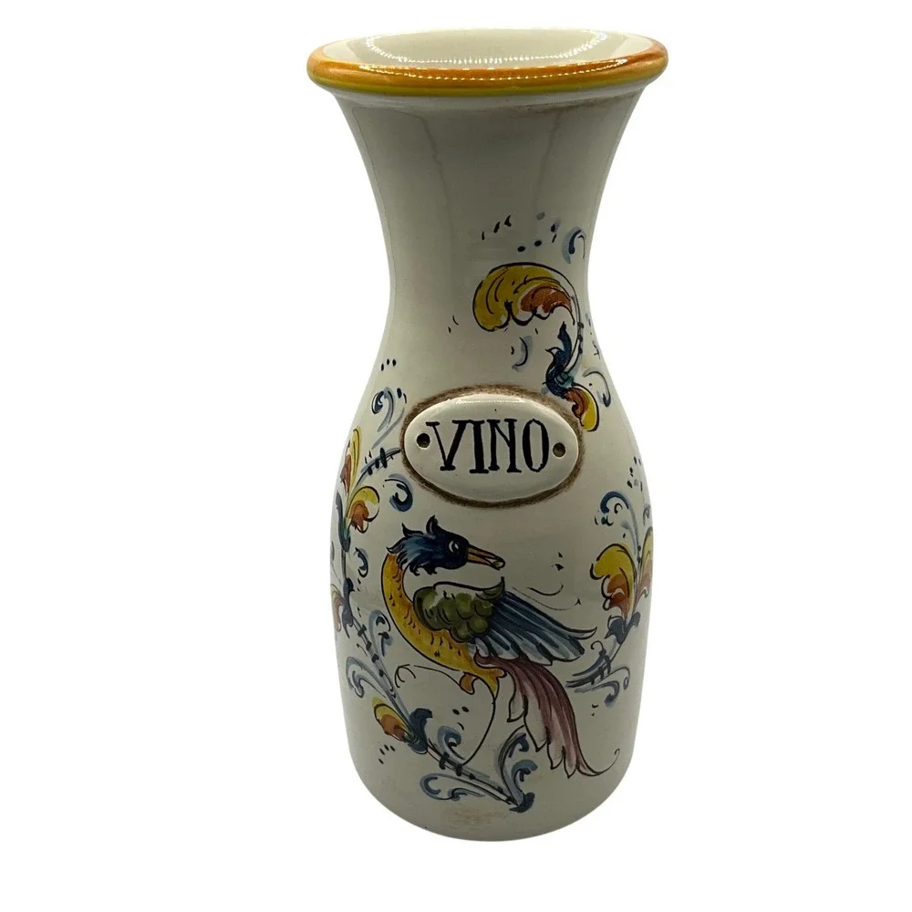 Borgioli Ceramic Vino Carafe‎ Hand Painted Italian Bird Floral Design
